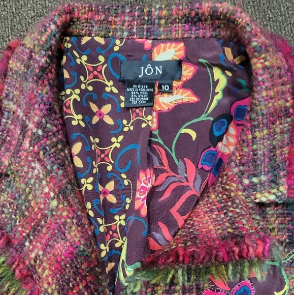 Floral Plaid Wool Blend Women's Blazer Size10 Fringe Classic Jacket - Picture 6 of 15